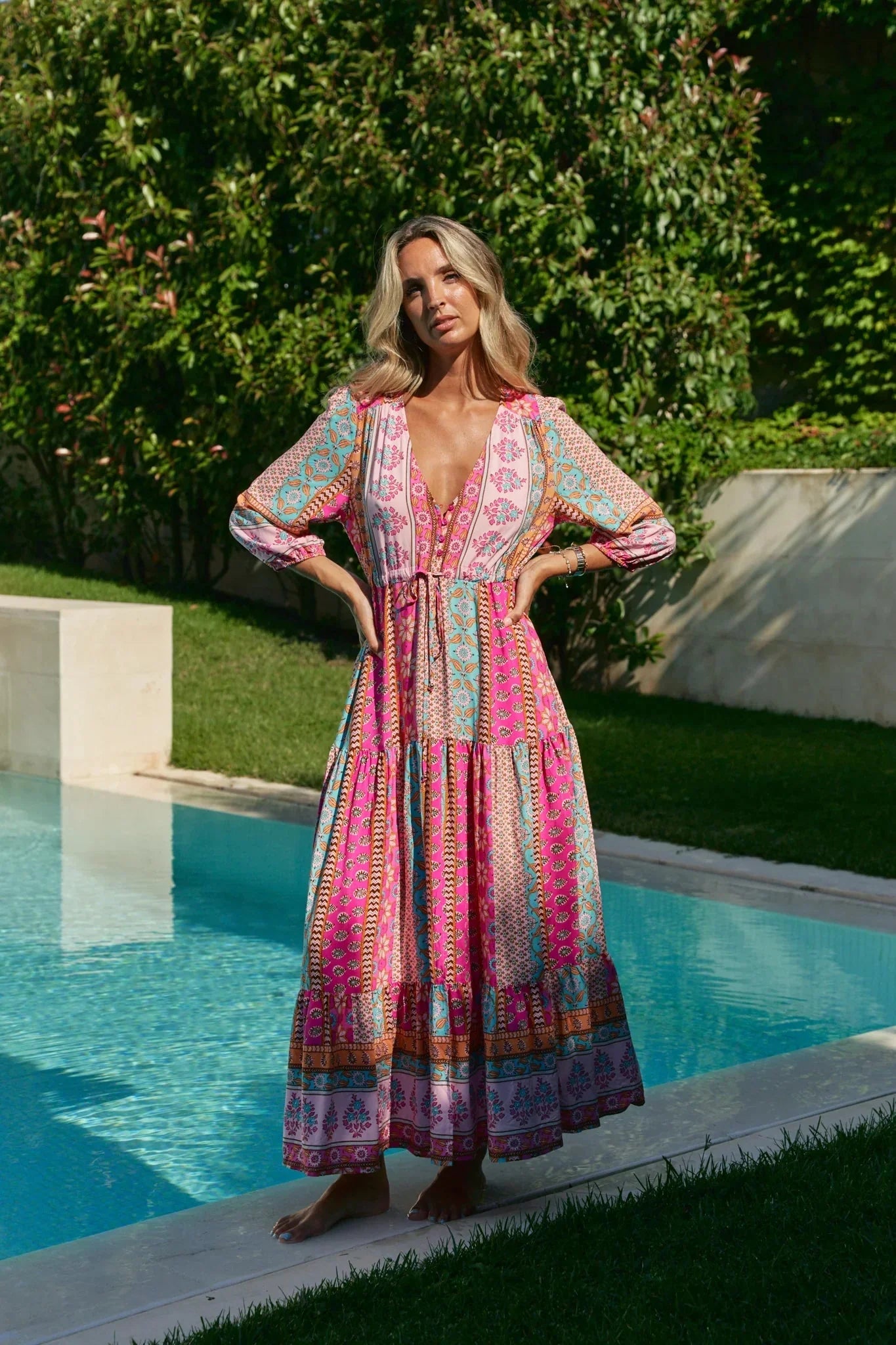 Pia- Boho Maxikleid in Pink mit Patchwork Muster Rosa