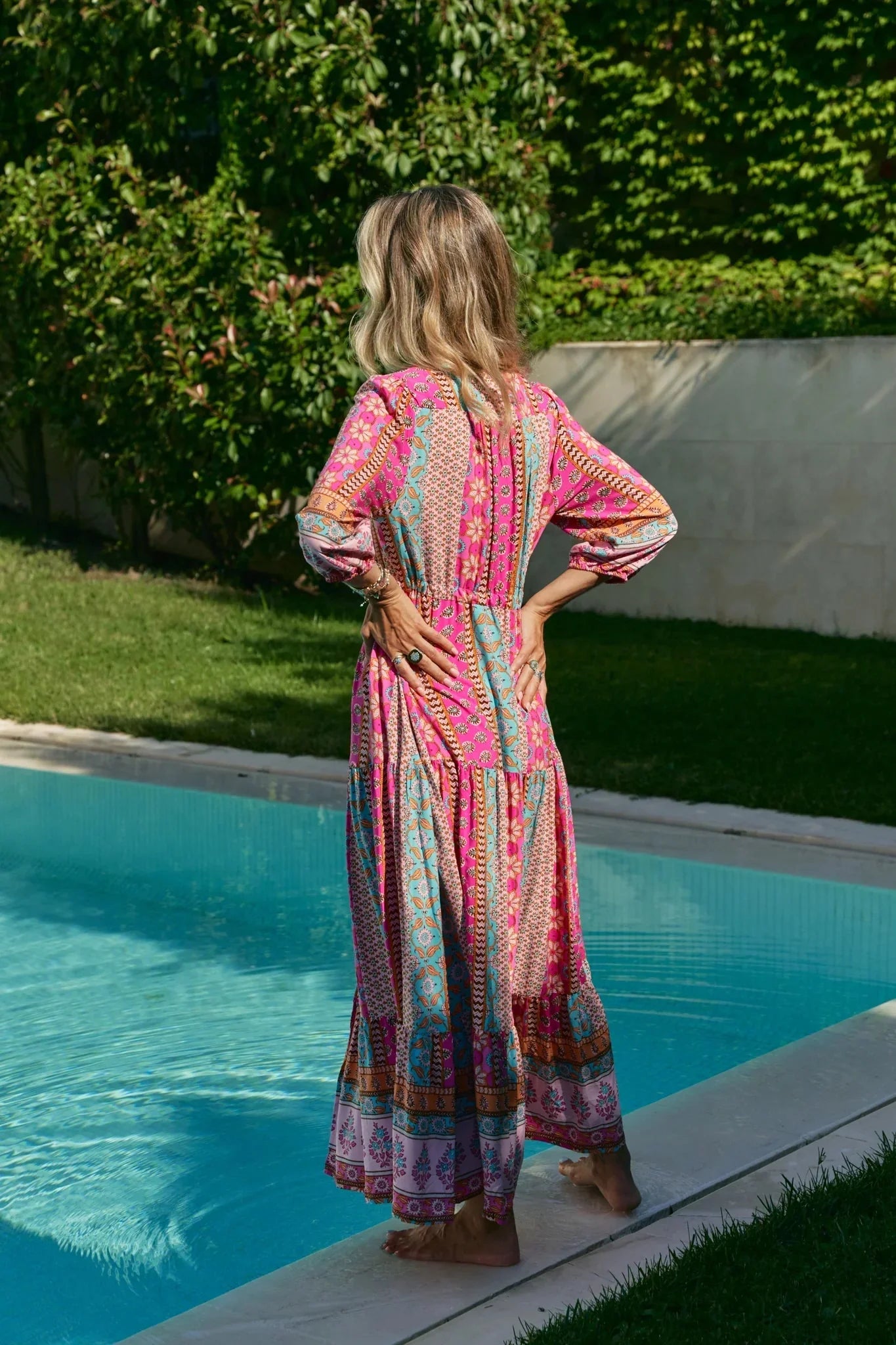  Pia- Boho Maxikleid in Pink mit Patchwork Muster Rosa 3