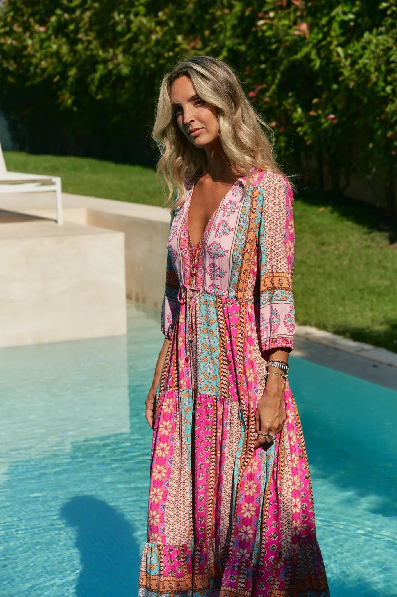  Pia- Boho Maxikleid in Pink mit Patchwork Muster Rosa 6