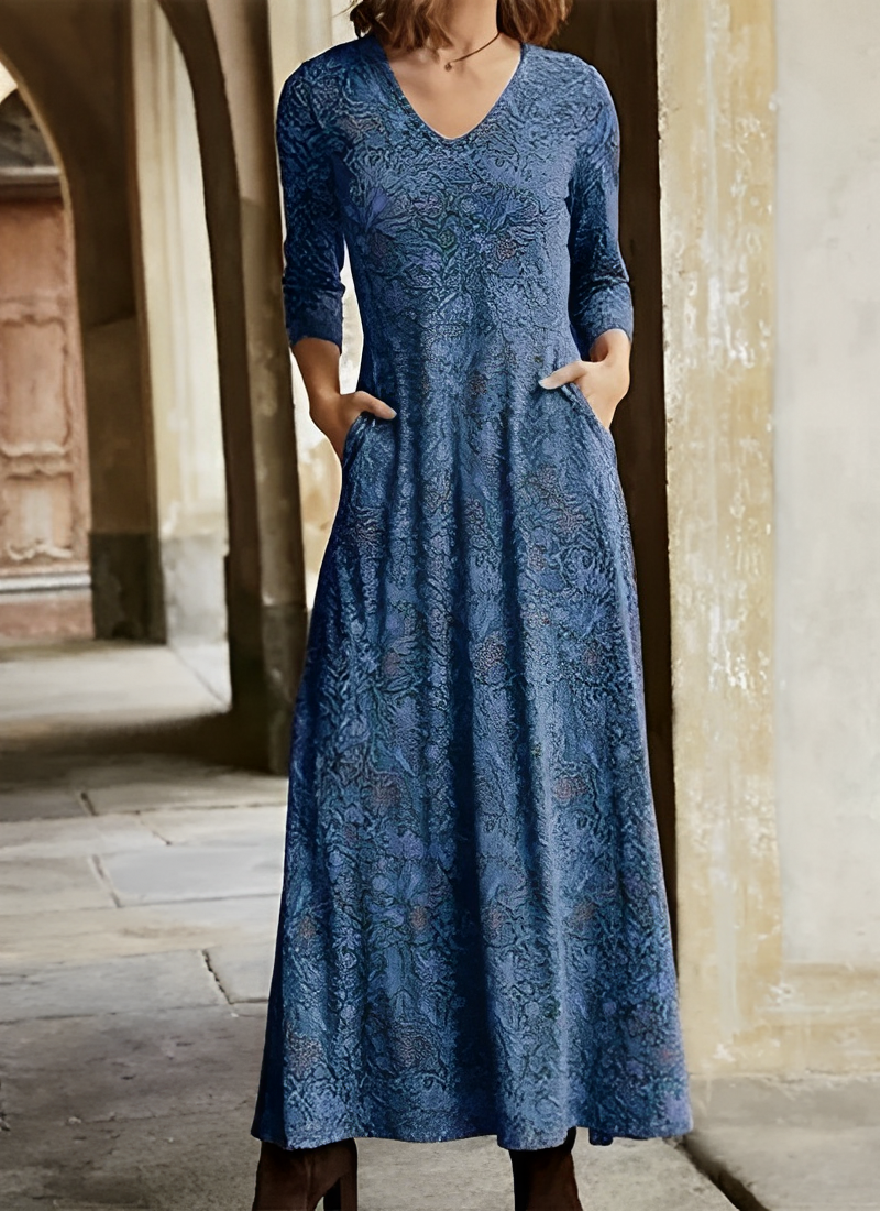 Pia - Langes Kleid Vintage-Muster Blau