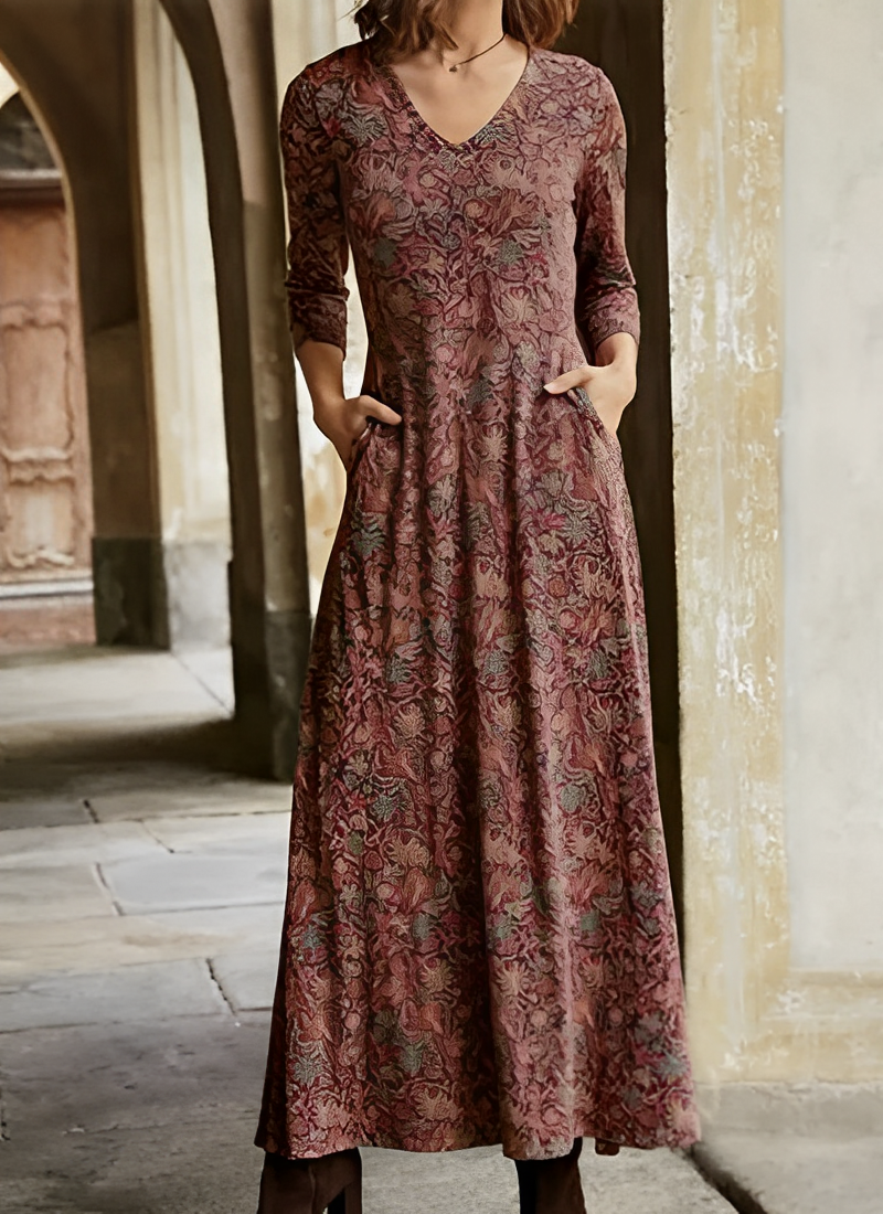 Pia - Langes Kleid Vintage-Muster Rot