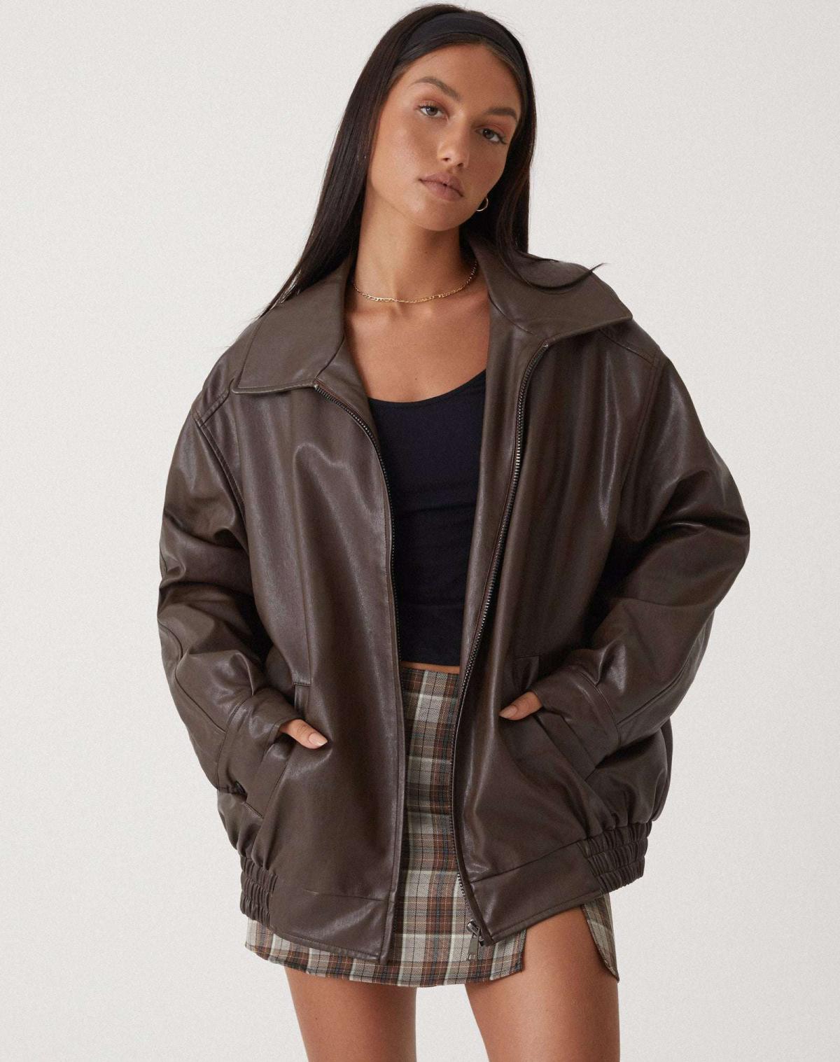 Polina - Oversized Damen PU Lederjacke Braun