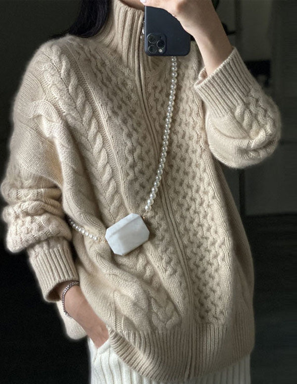 Pollina - Damen Kaschmir Strickjacke mit hohem Hals Beige