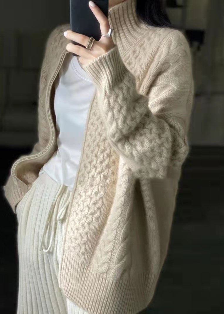 Pollina - Damen Kaschmir Strickjacke mit hohem Hals Beige