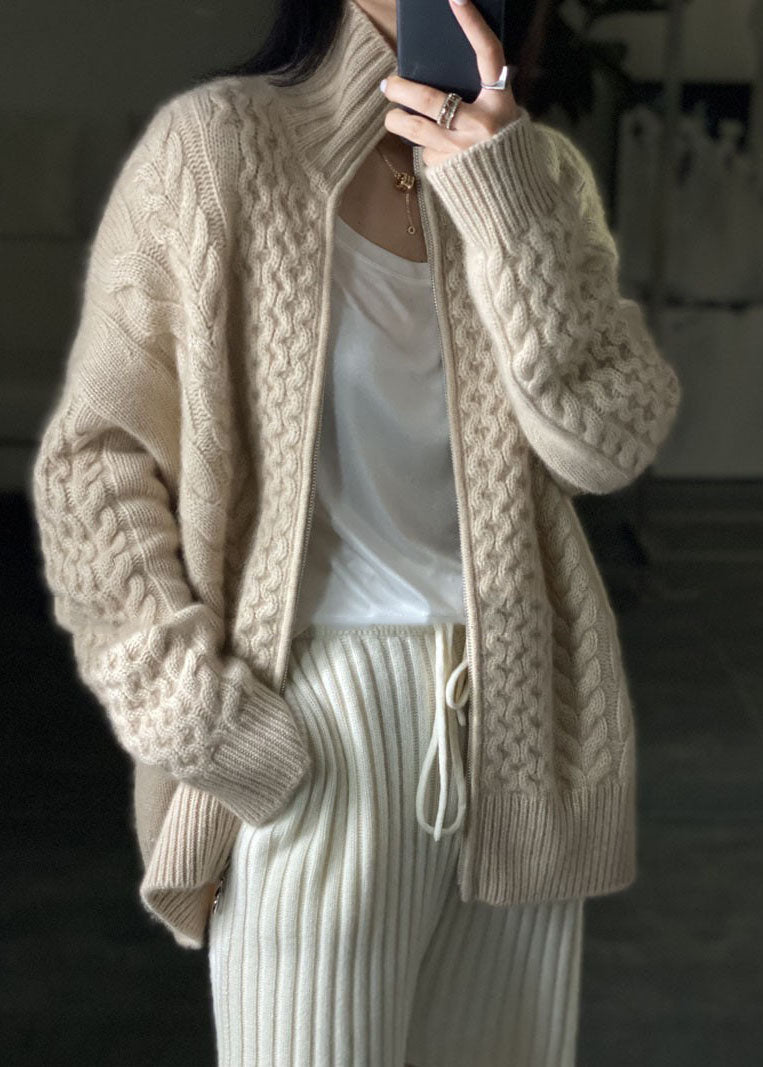 Pollina - Damen Kaschmir Strickjacke mit hohem Hals Beige