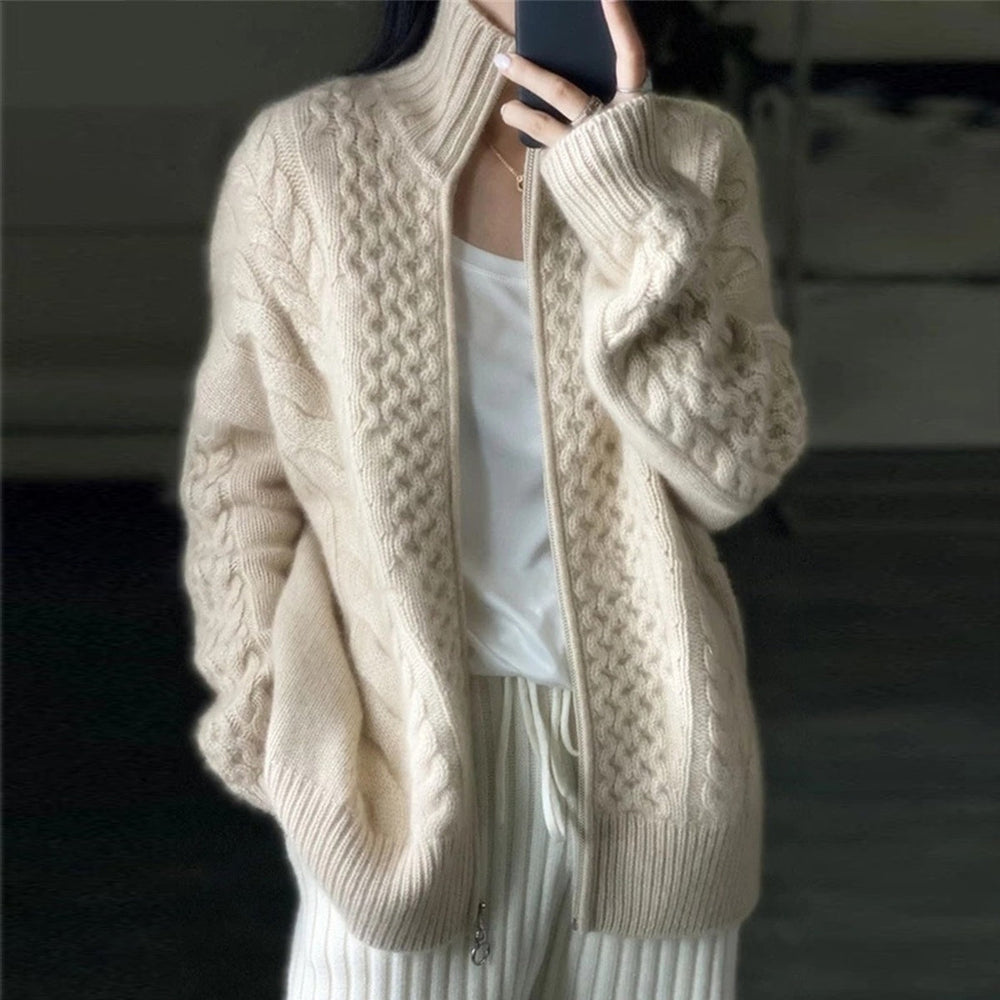 Pollina - Damen Kaschmir Strickjacke mit hohem Hals Beige