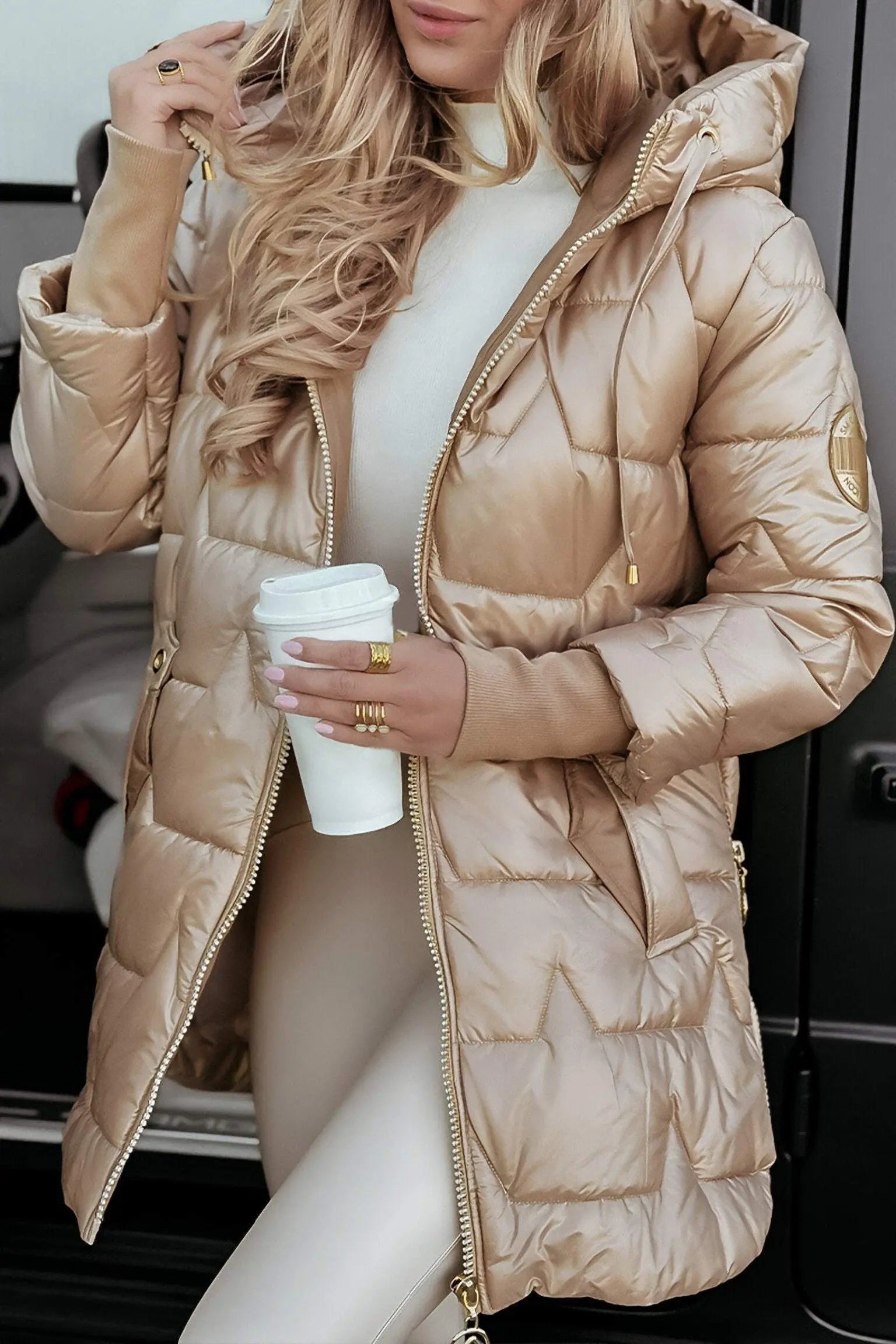 Quella - Damen Pufferjacke mit Kapuze Beige