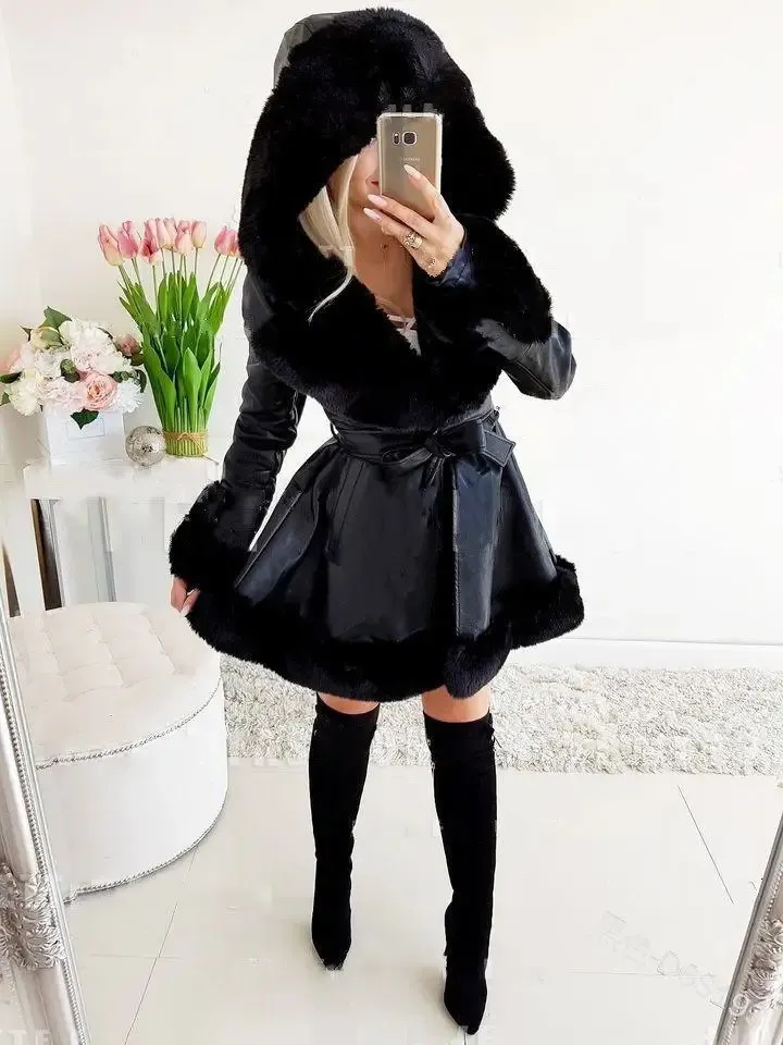 Querina - Eleganter Damen Pelzmantel Schwarz