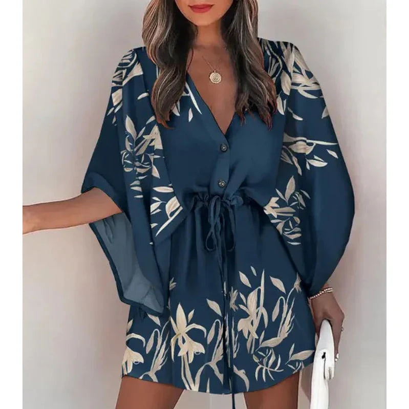 Quirine – Stilvolles Kleid mit V-Ausschnitt und Fledermausärmeln blau