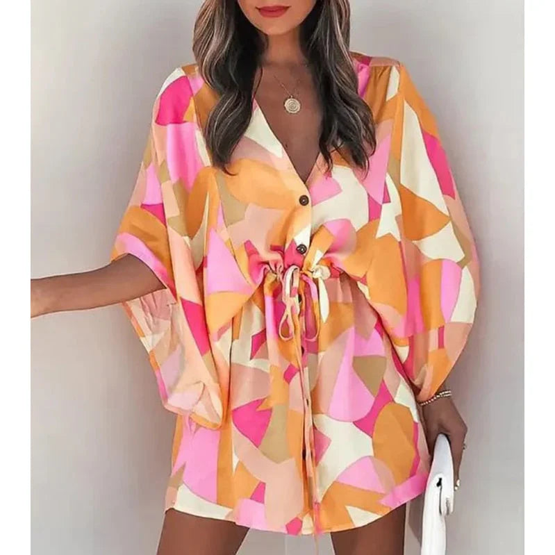 Quirine – Stilvolles Kleid mit V-Ausschnitt und Fledermausärmeln rosa