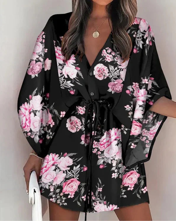 Quirine – Stilvolles Kleid mit V-Ausschnitt und Fledermausärmeln schwarz