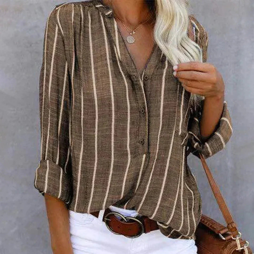 Quisha – gestreifte Bluse aus Baumwollleinen Braun