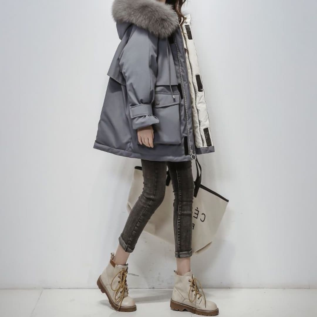 Rahel - Damen Winterparka Warm Fellkragen Stylisch Grau