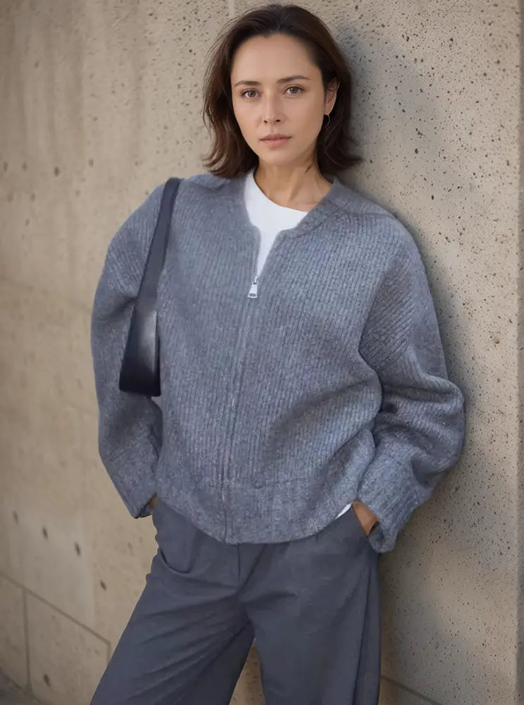 Rasha - Damen Strickjacke Reißverschluss Langarm Warm Grau