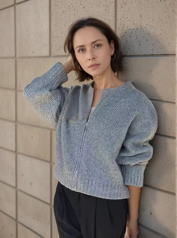 Rasha - Damen Strickjacke Reißverschluss Langarm Warm Grau