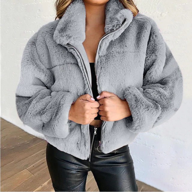 Regine - Damen Winter Plüschjacke Warm Kuschelig Grau