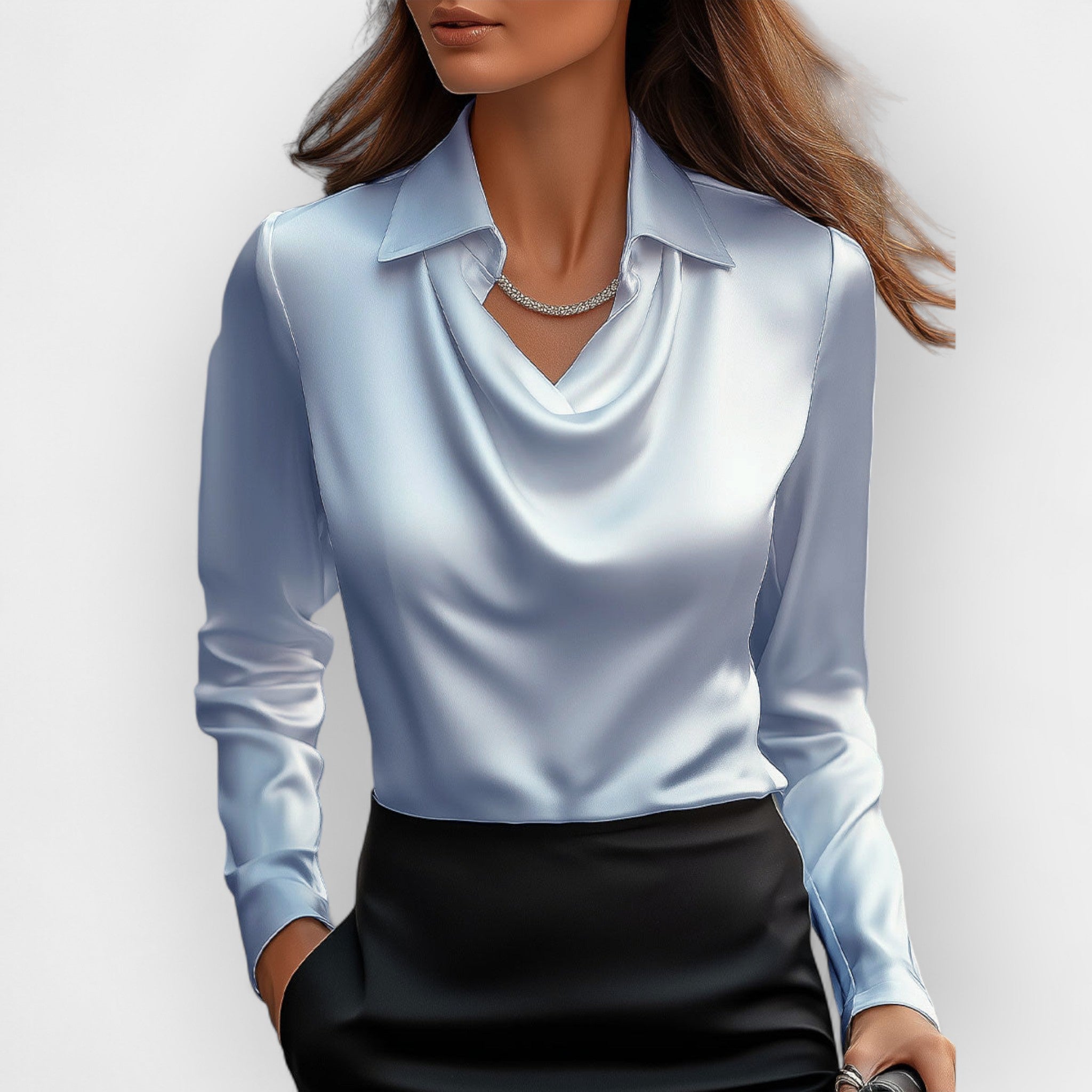 Rina - Elegante Damen Satinbluse mit Wasserfallkragen Hellblau