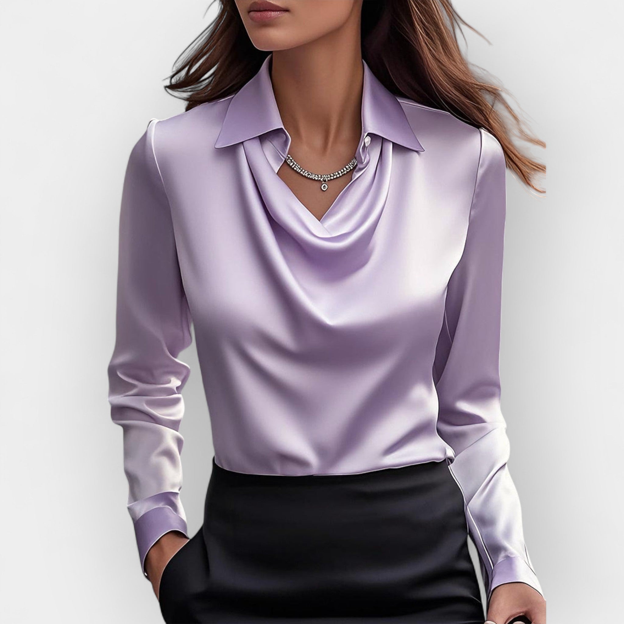 Rina - Elegante Damen Satinbluse mit Wasserfallkragen Lila