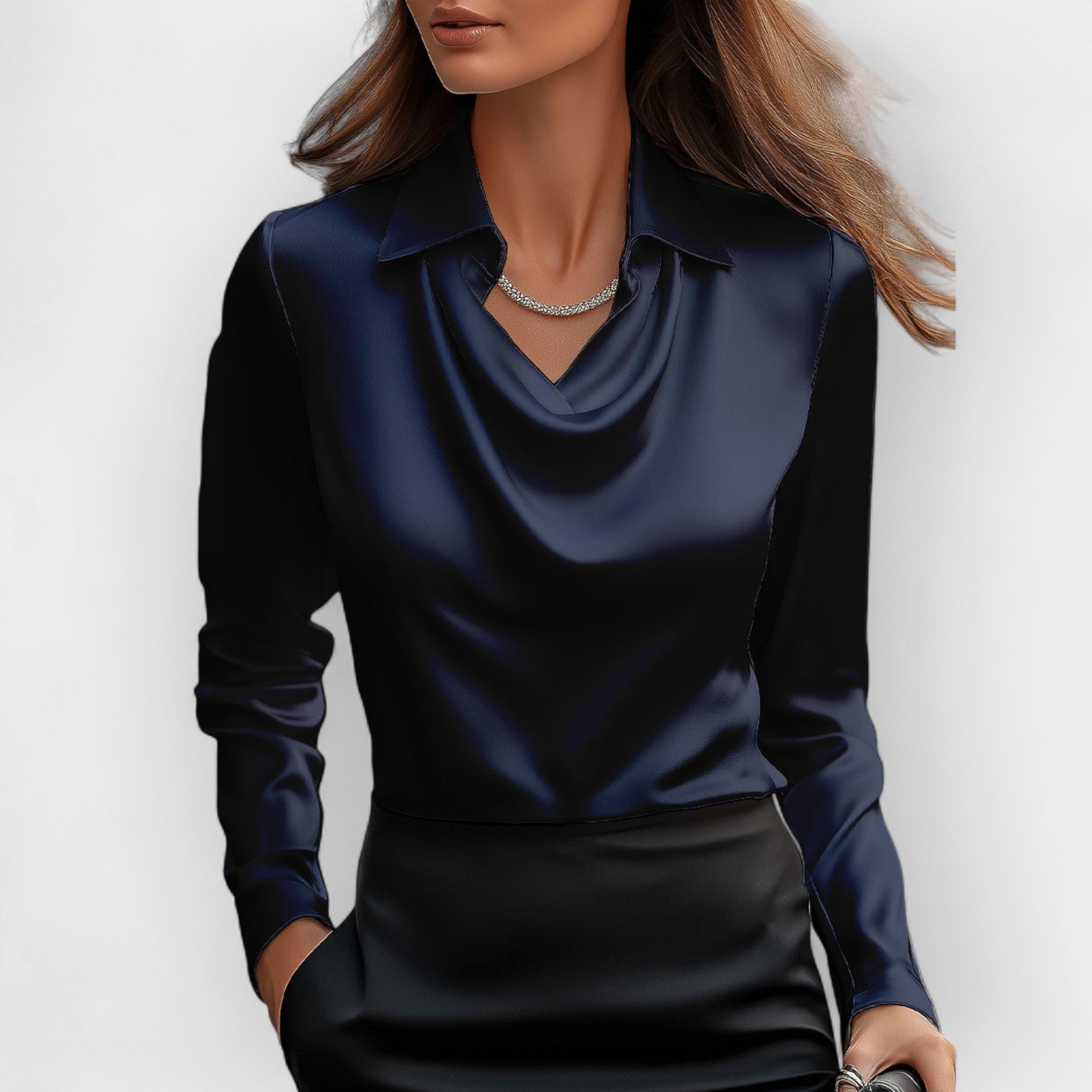 Rina - Elegante Damen Satinbluse mit Wasserfallkragen Marineblau