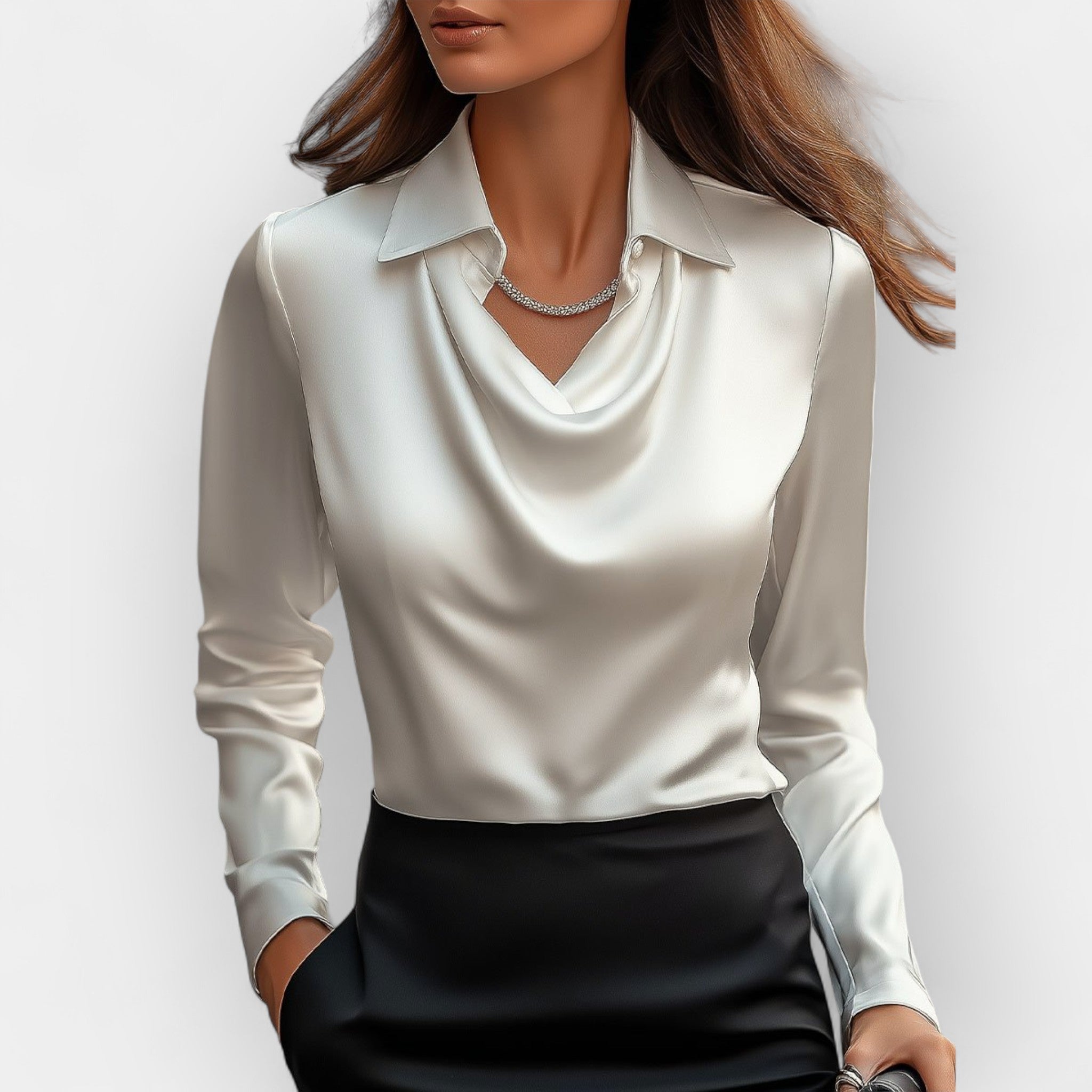 Rina - Elegante Damen Satinbluse mit Wasserfallkragen WeiB