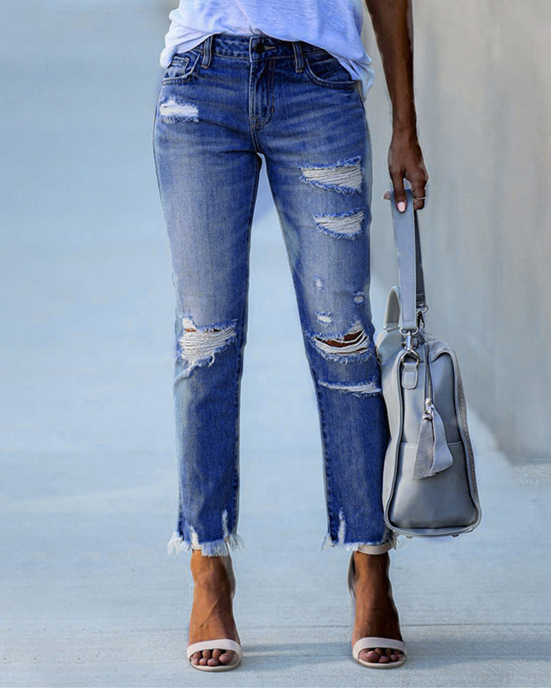 Rionna - Damen Slim-Fit Ripped Jeans mit ausgefransten Kanten Himmelblau