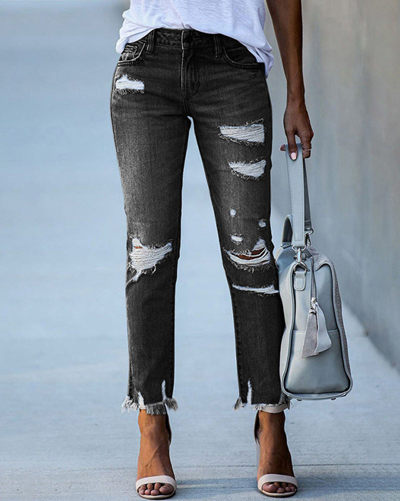 Rionna - Damen Slim-Fit Ripped Jeans mit ausgefransten Kanten Schwarz