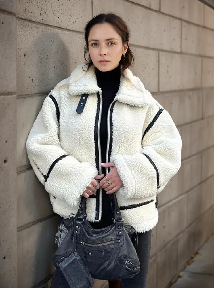 Romy - Damen Jacke Lässig Warm Pelzkragen Farbblock Weiß