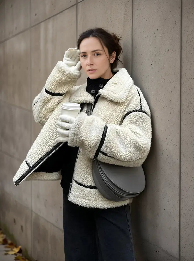 Romy - Damen Jacke Lässig Warm Pelzkragen Farbblock Weiß