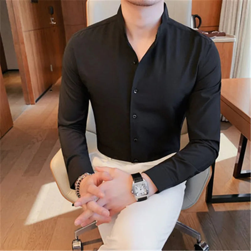 Ron - Herren Slim Fit Hemd mit Stehkragen Langarm Schwarz