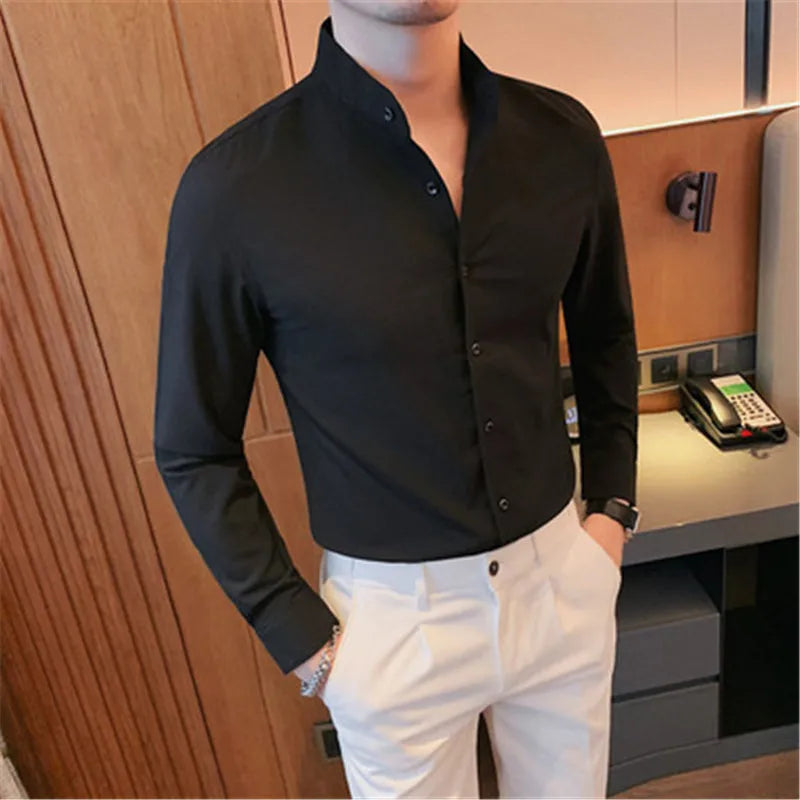 Ron - Herren Slim Fit Hemd mit Stehkragen Langarm Schwarz 2