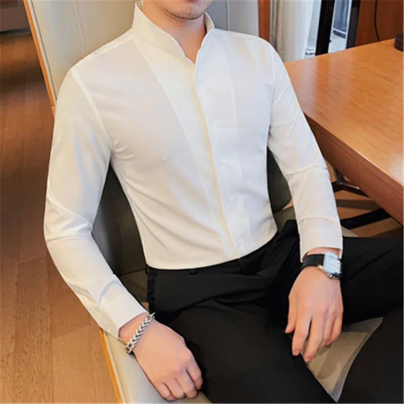 Ron - Herren Slim Fit Hemd mit Stehkragen Langarm WeiB