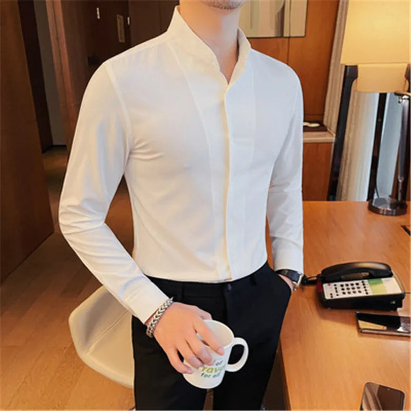 Ron - Herren Slim Fit Hemd mit Stehkragen Langarm WeiB 2