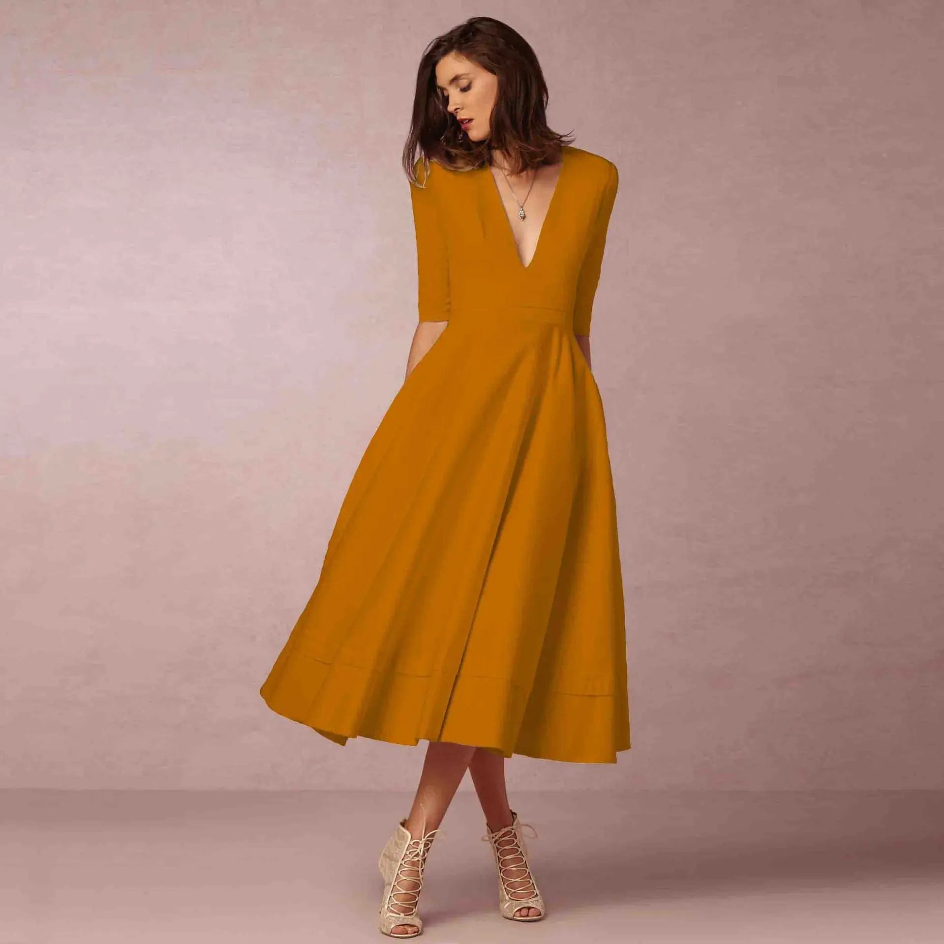 Phoebe – Midikleid Damen Tiefer V-Ausschnitt Chic Stilvoll