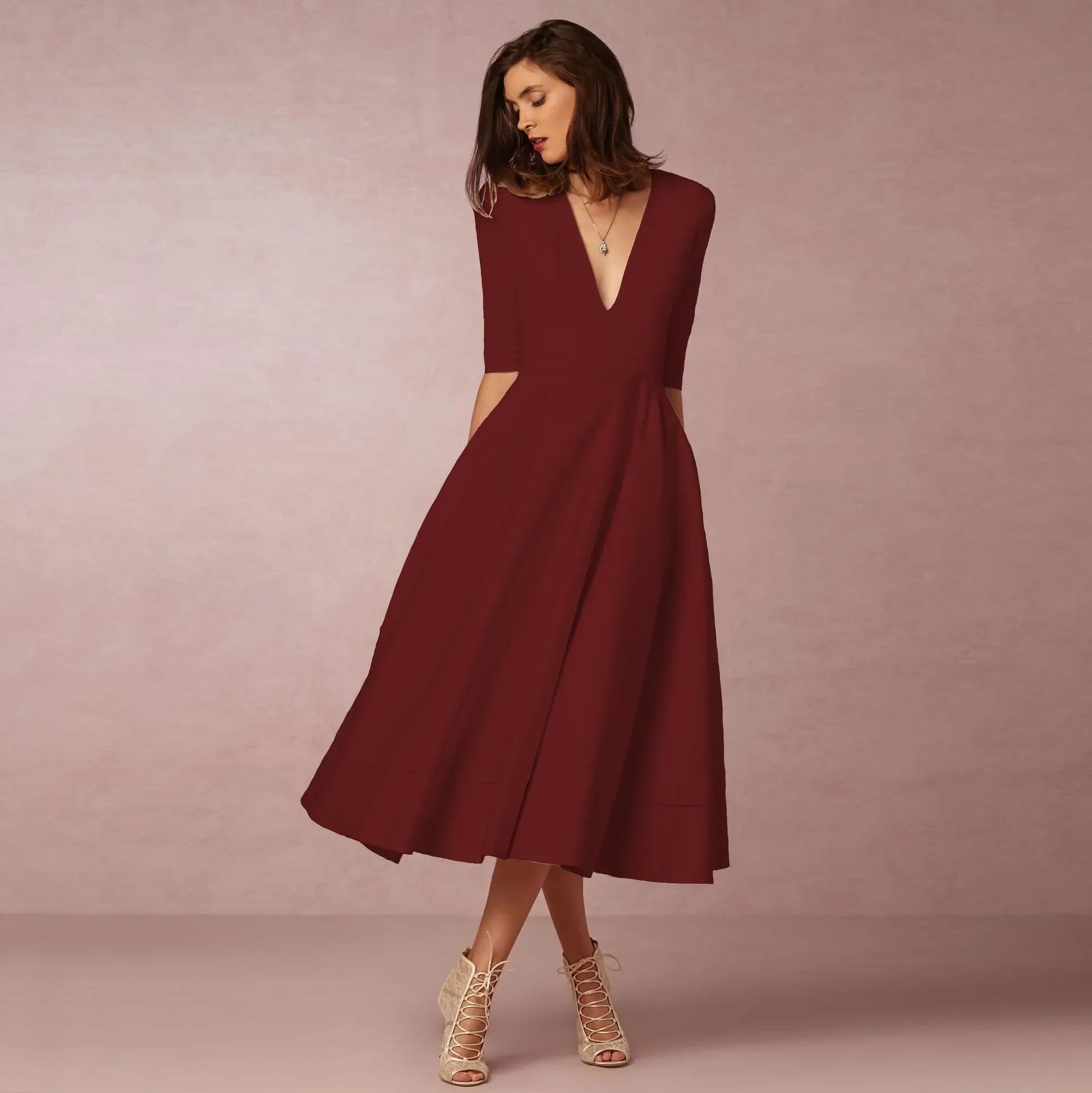 Phoebe – Midikleid Damen Tiefer V-Ausschnitt Chic Stilvoll
