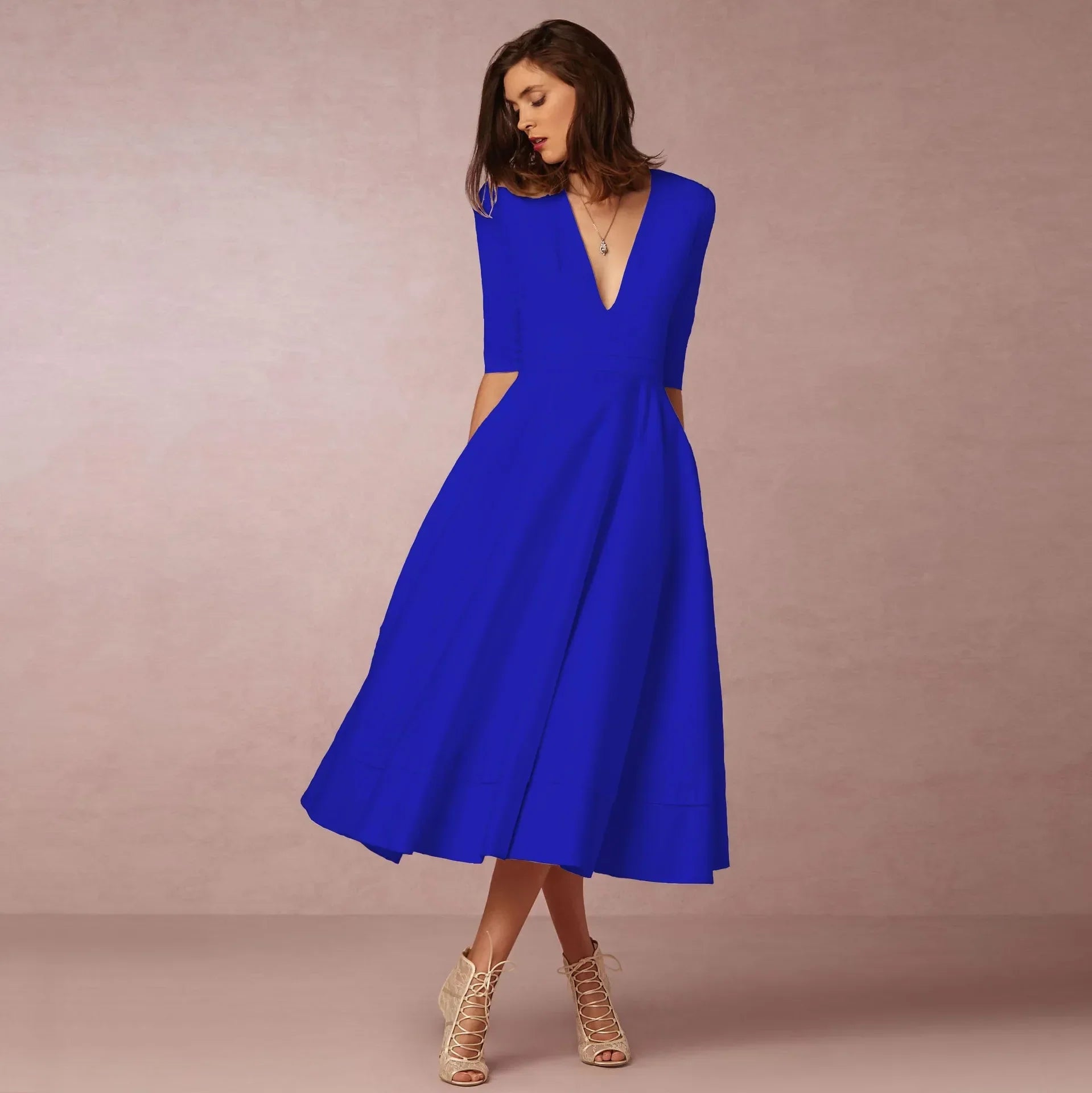 Phoebe – Midikleid Damen Tiefer V-Ausschnitt Chic Stilvoll