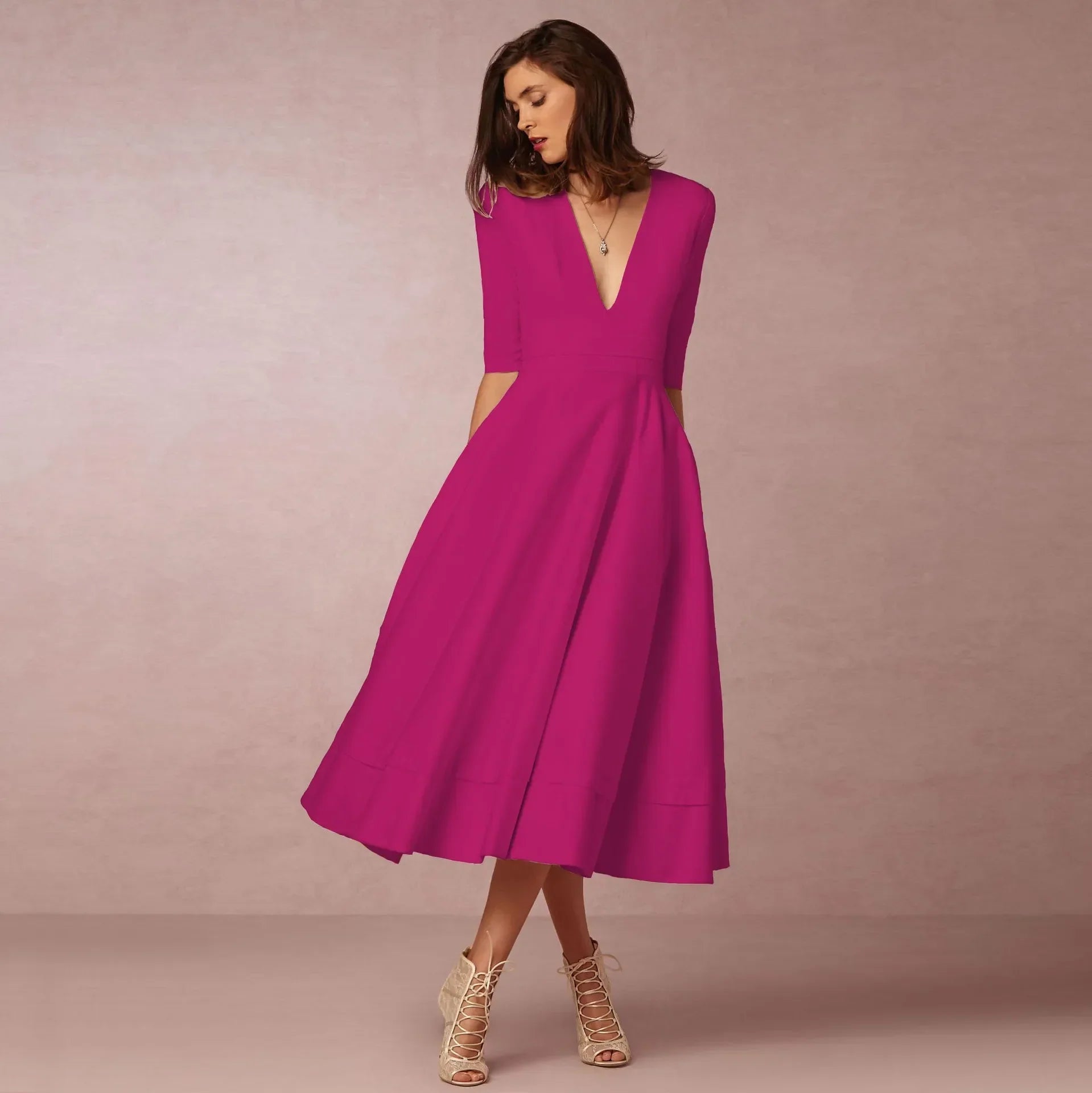 Phoebe – Midikleid Damen Tiefer V-Ausschnitt Chic Stilvoll