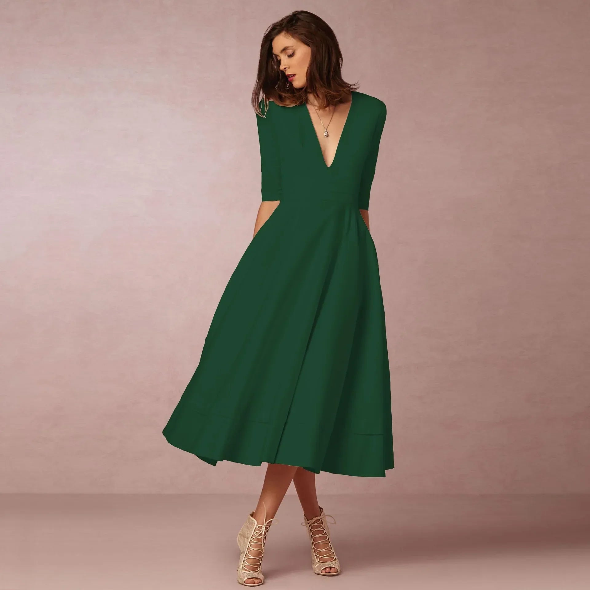 Phoebe – Midikleid Damen Tiefer V-Ausschnitt Chic Stilvoll