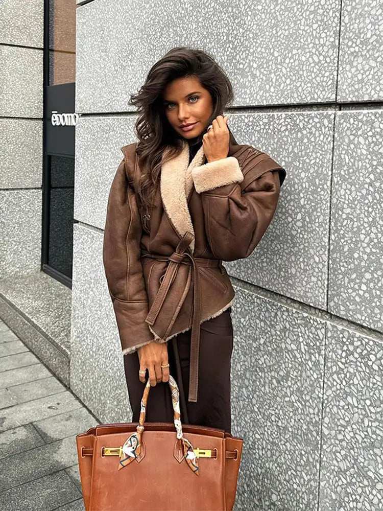 Fabia – Braune Jacke mit Gürtel und Kragen