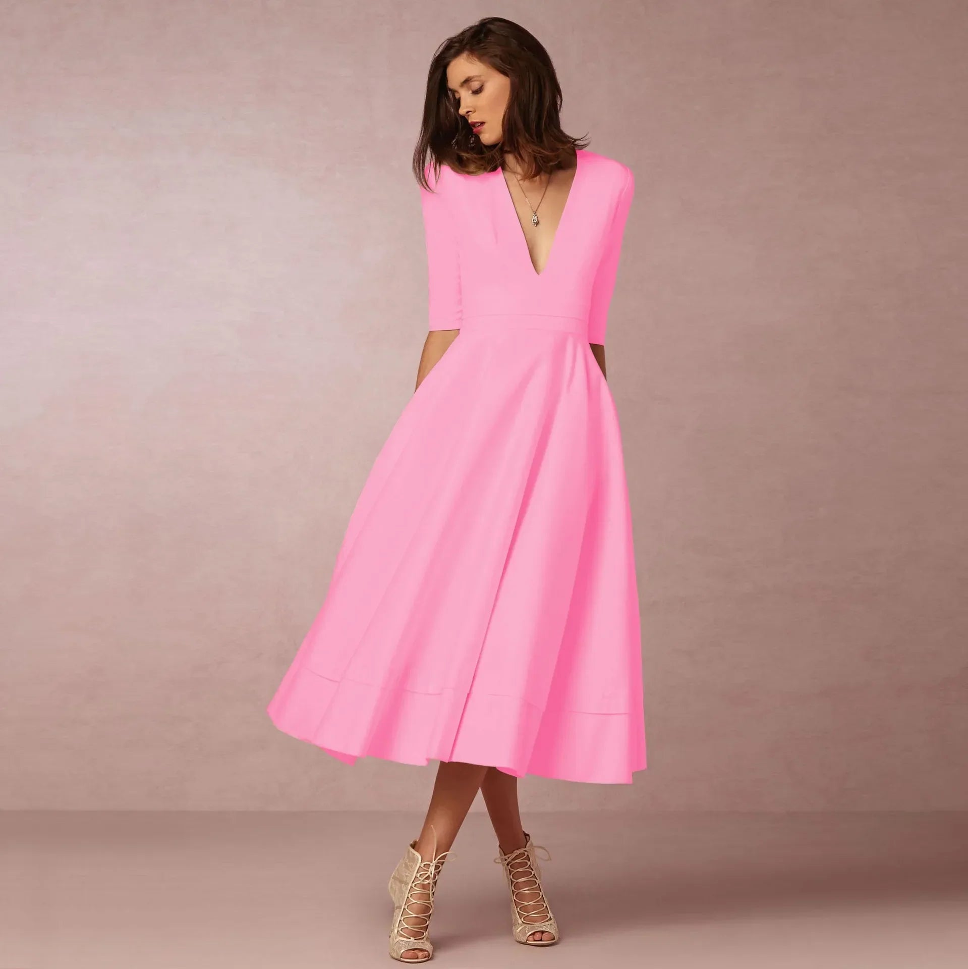 Phoebe – Midikleid Damen Tiefer V-Ausschnitt Chic Stilvoll