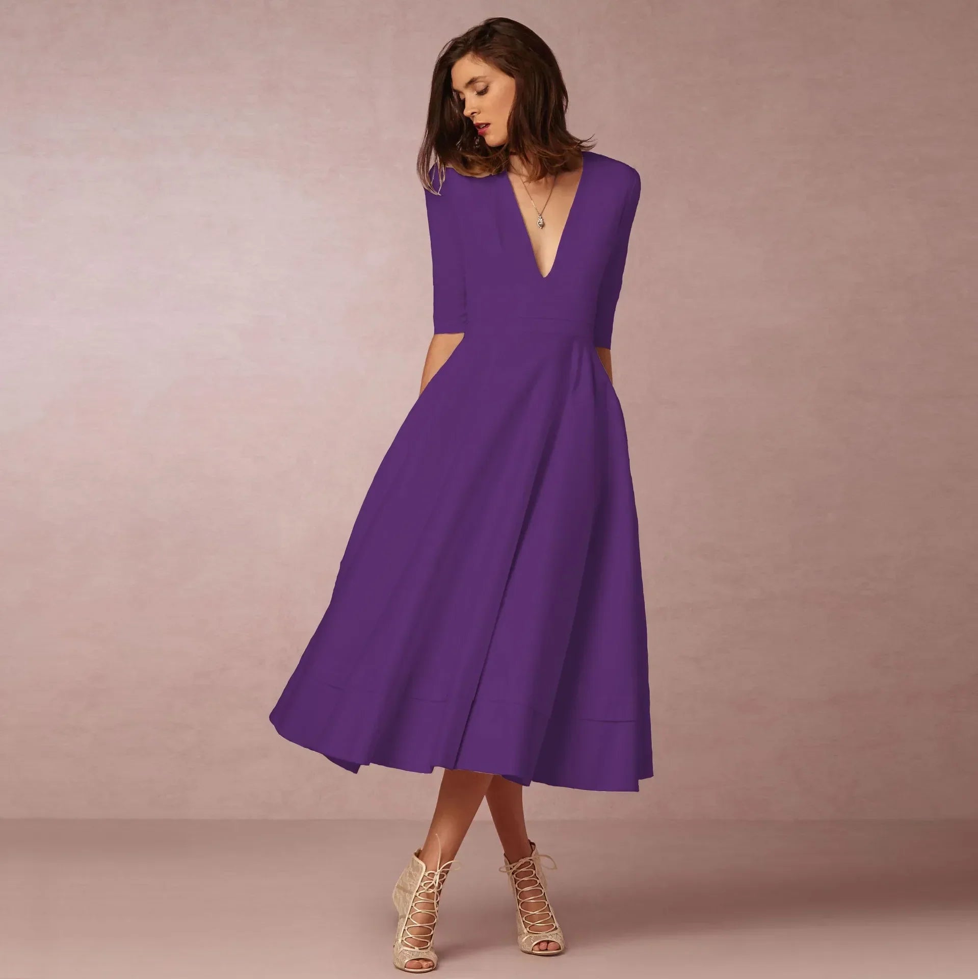 Phoebe – Midikleid Damen Tiefer V-Ausschnitt Chic Stilvoll