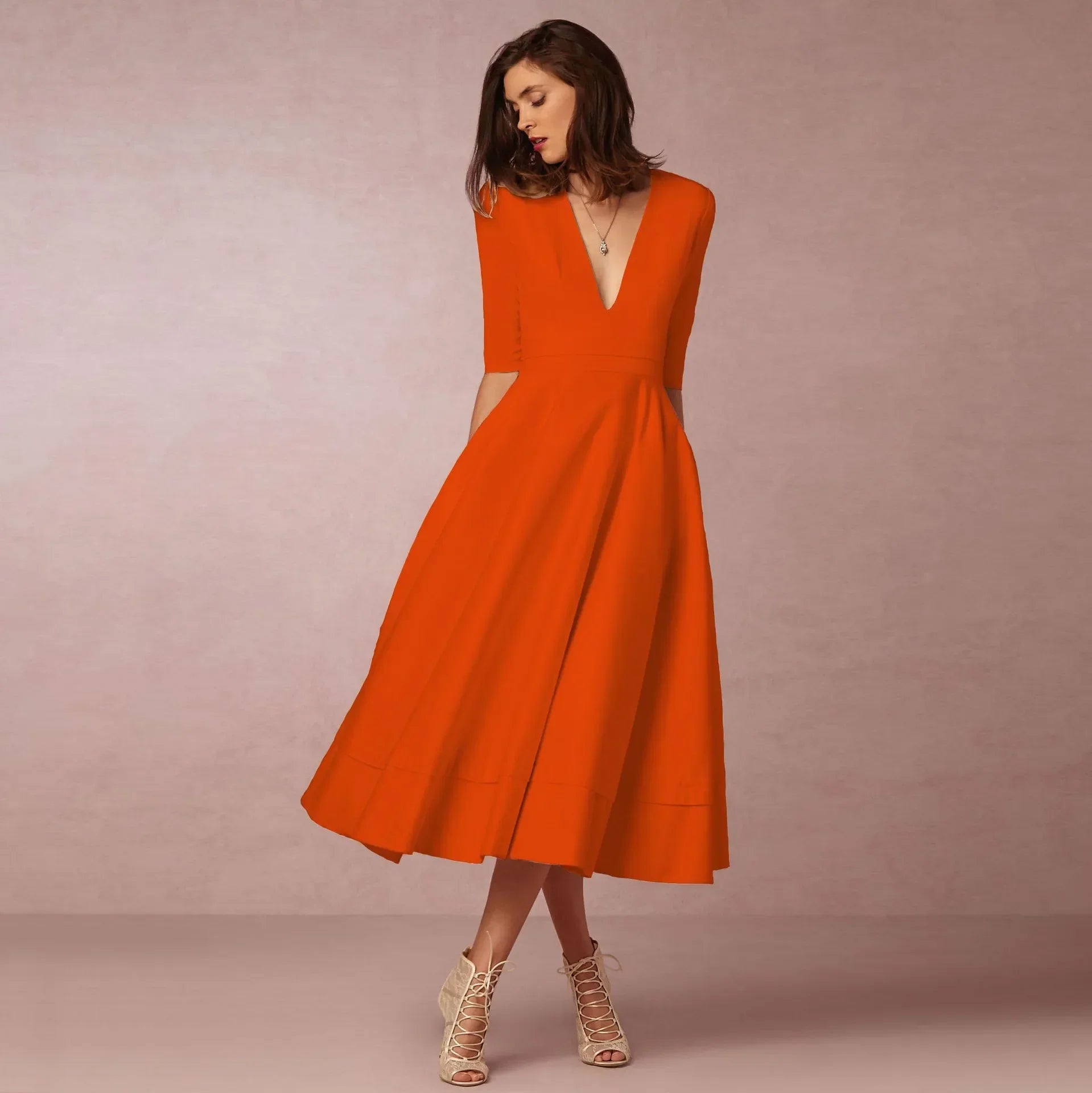 Phoebe – Midikleid Damen Tiefer V-Ausschnitt Chic Stilvoll
