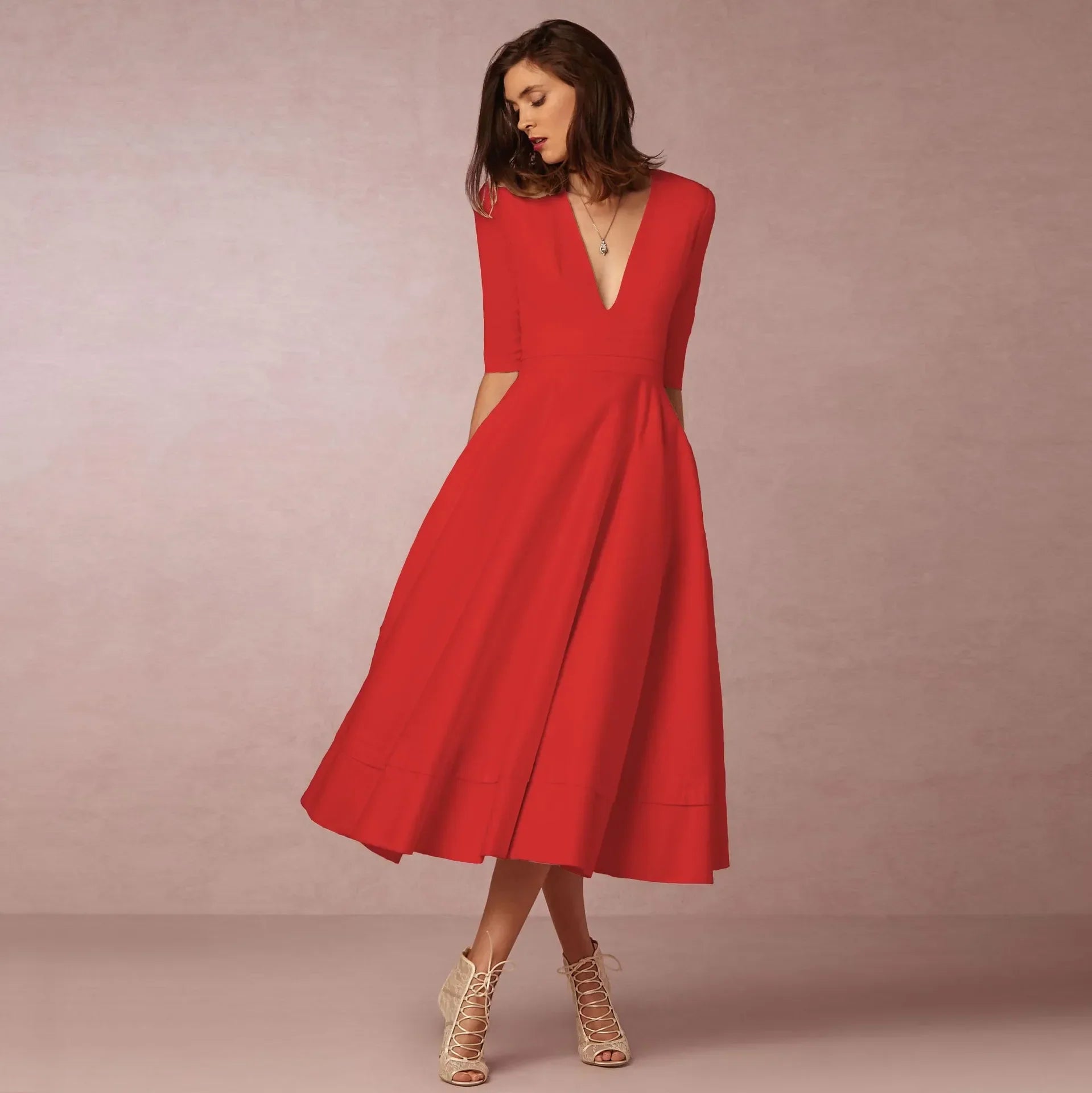 Phoebe – Midikleid Damen Tiefer V-Ausschnitt Chic Stilvoll