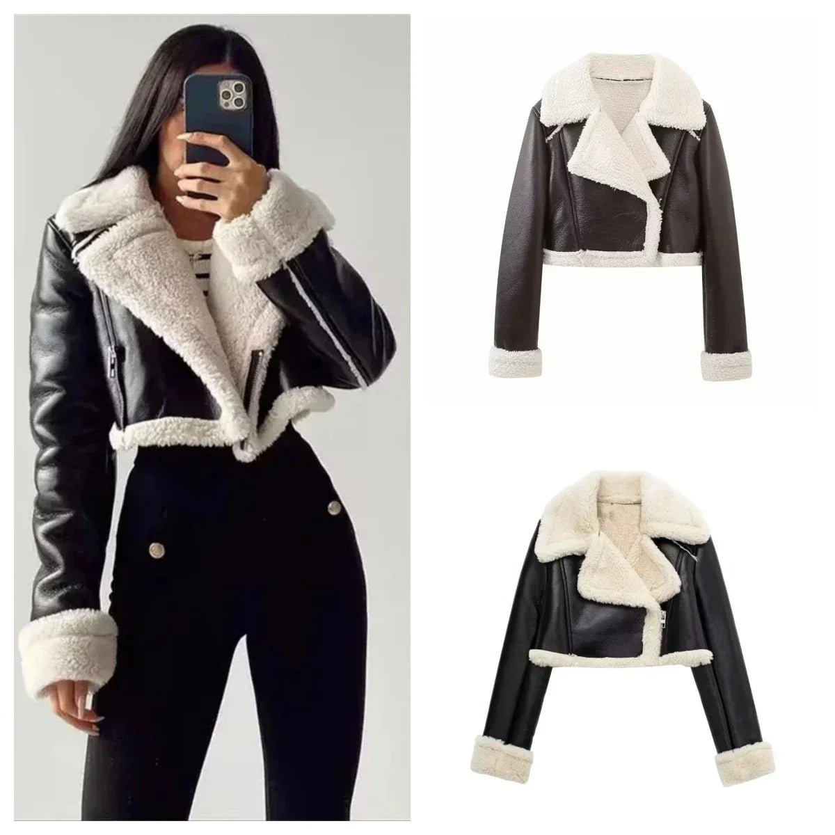 Women Solid Cropped Leather Jacket Zipper Long Sleeves 2024  Autumn Winter Coat Vintage Female Chic Lady Outfits Short  Jackets