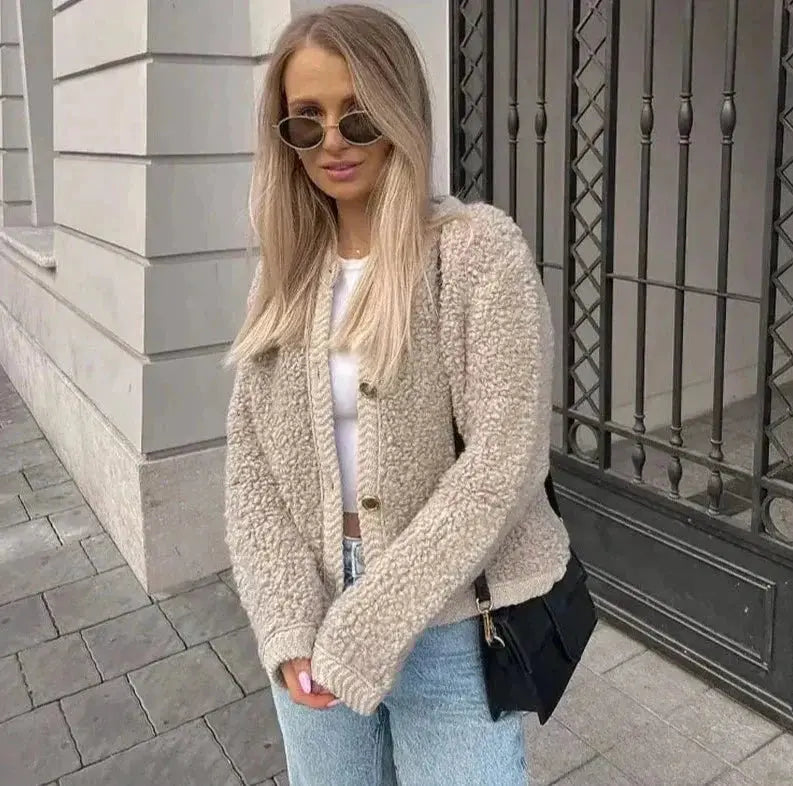 Selina - Damen Teddyjacke Winter Warm Weich Kuschelig Khaki