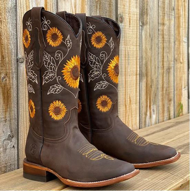 Selma - Damen Cowboystiefel Elegant Stickerei Robust BequemDunkelbraun