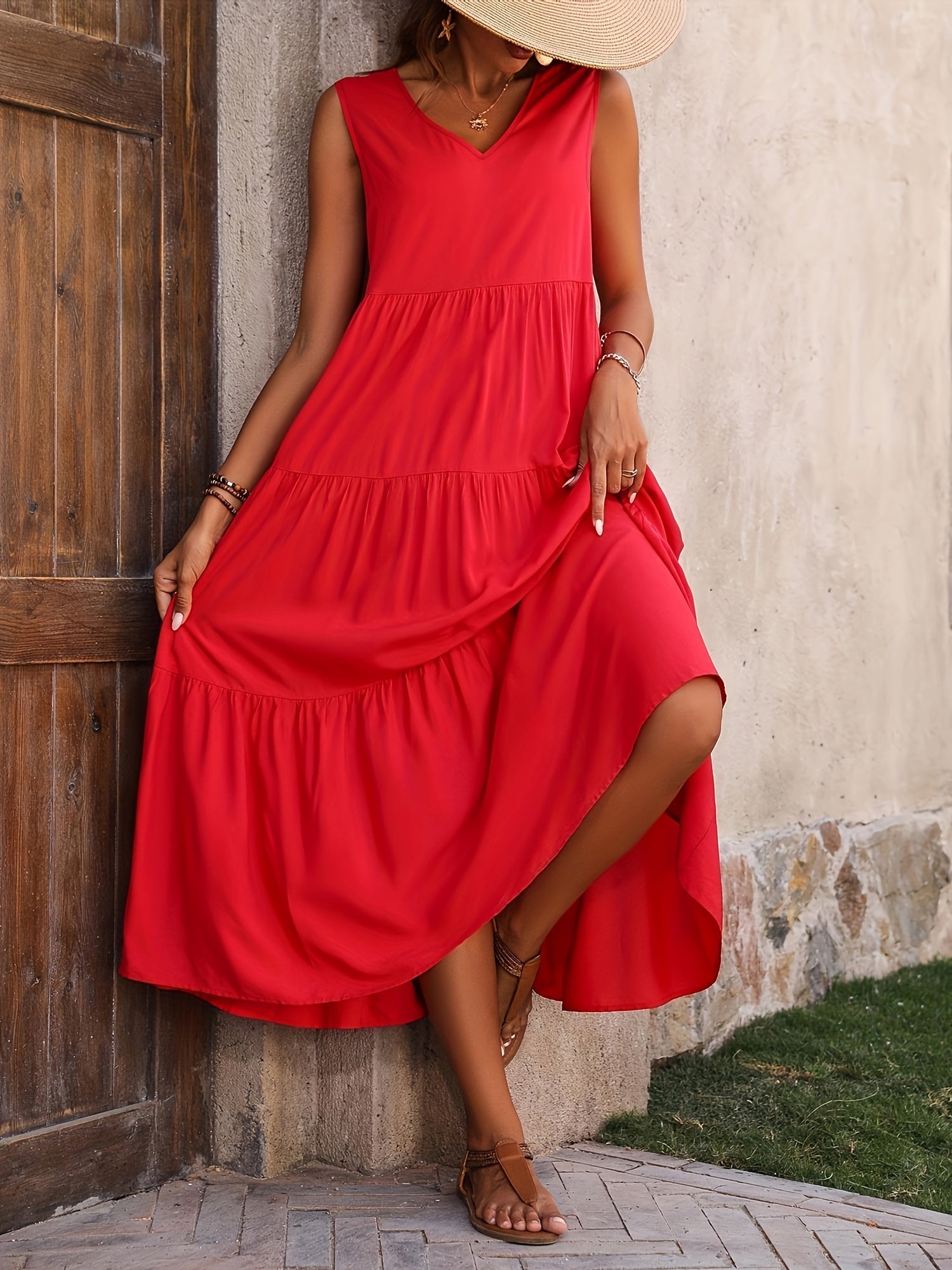Solveig- Ärmelloses Lagenkleid mit V-Ausschnitt für Damen Rot