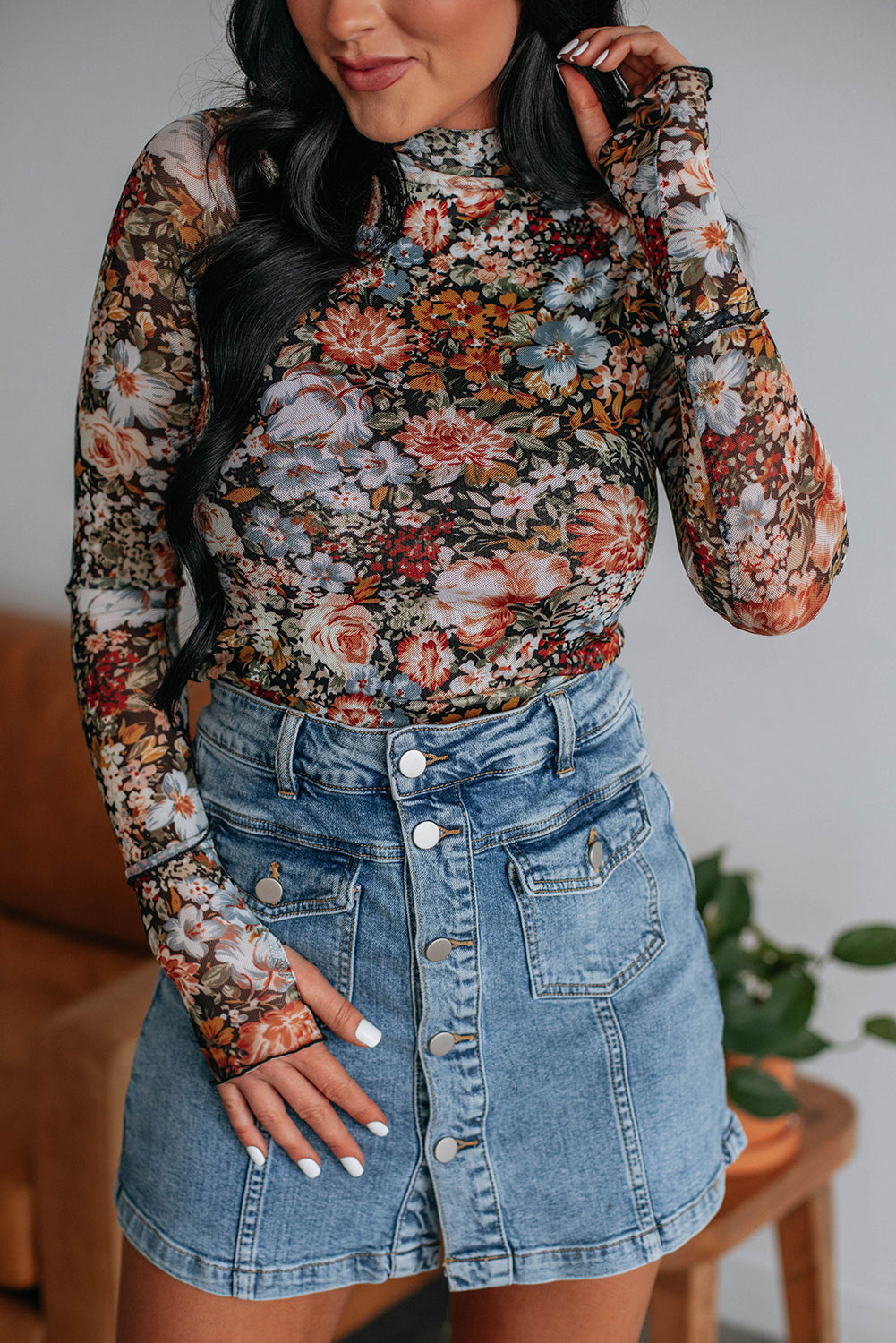 Solveig - Braune Netzbluse mit floralem Muster, langärmelig Braun 2