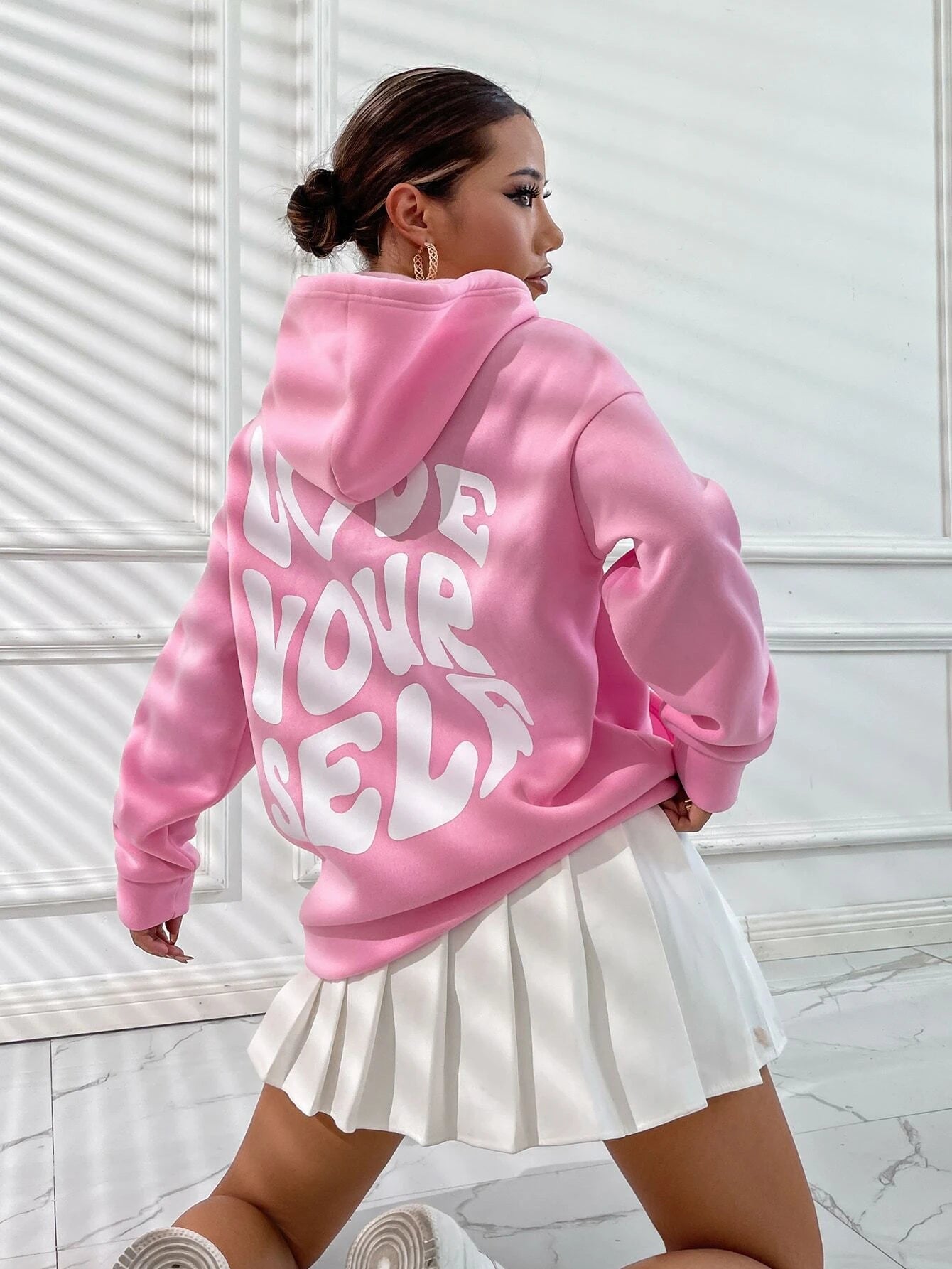 Susi - Damen Oversize Hoodie Schwarz Love Yourself Print Rosa