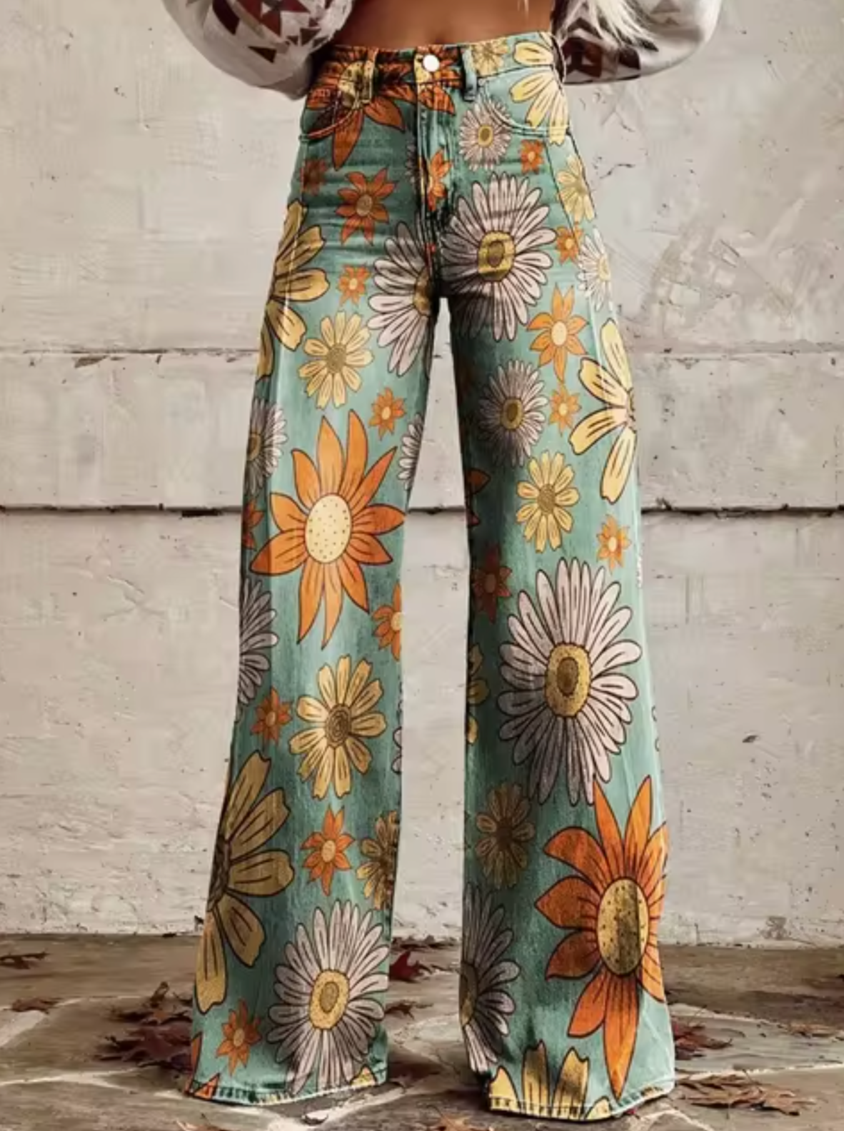 Thekla - Damen-weite Jeans mit bedrucktem Design Blumen