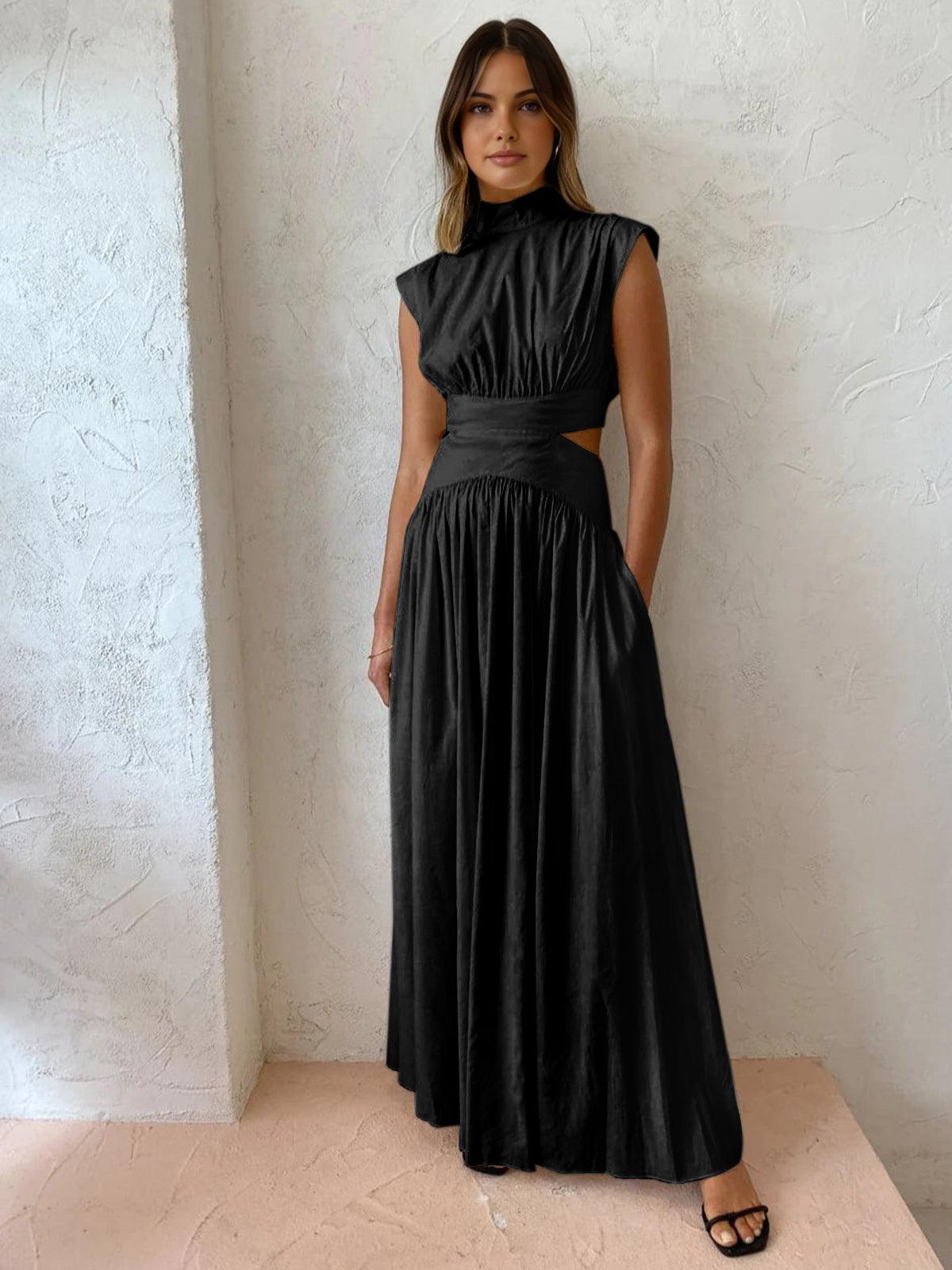 Theodisa - Plissiertes Mock-Neck Midikleid für Damen Schwarz